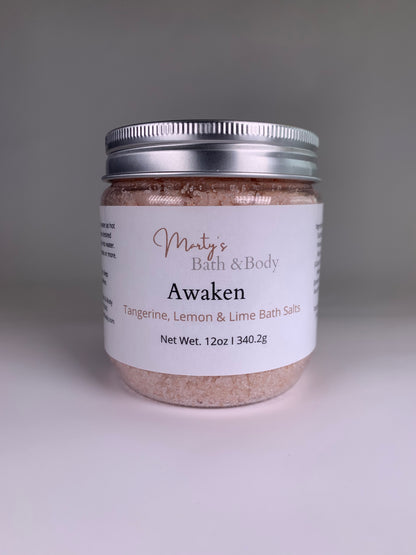 The front of a 12oz Jar of Awaken handmade bath salts/bath soaks.