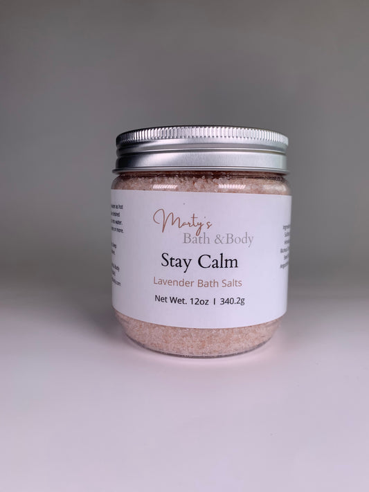 The front of a 12oz jar of Stay Calm handmade bath salts/bath soaks.