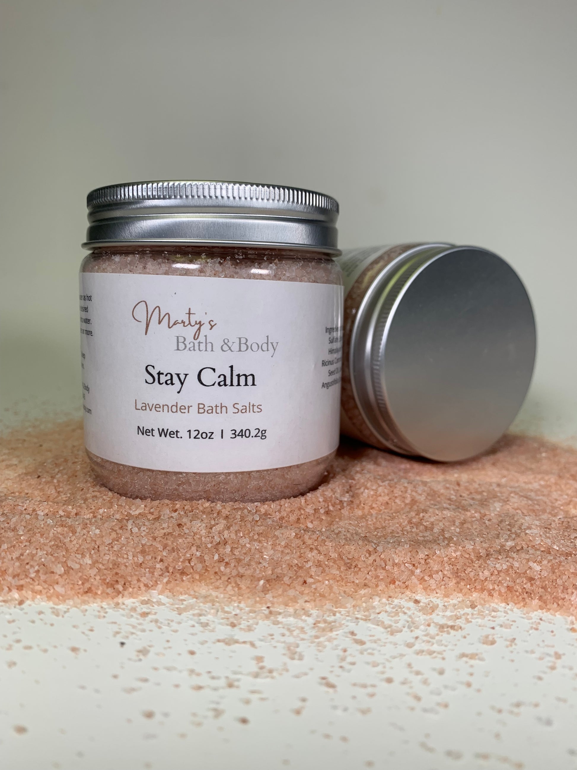 Two 12oz jars of Stay Calm bath salts/bath soaks. A natural bath salt made with pure lavender essential oil.