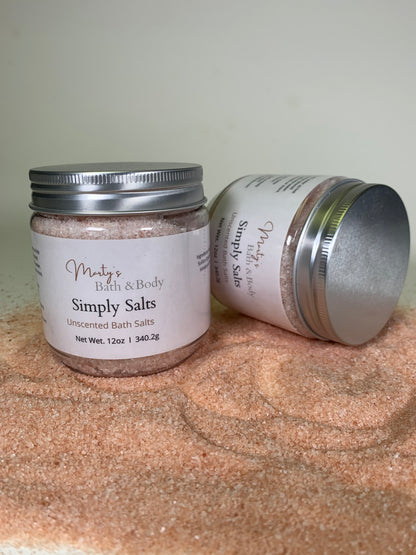 Two 12oz jars of Simply Salts. A triple blend of all natural salts in an unscented formula.