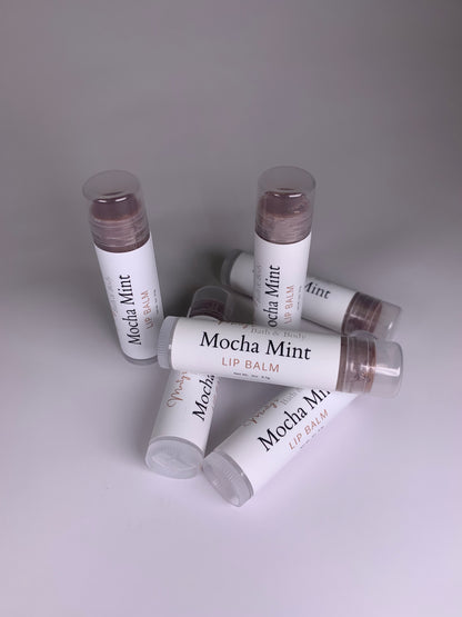 Six tubes of mocha mint all natural, handmade lip balms.