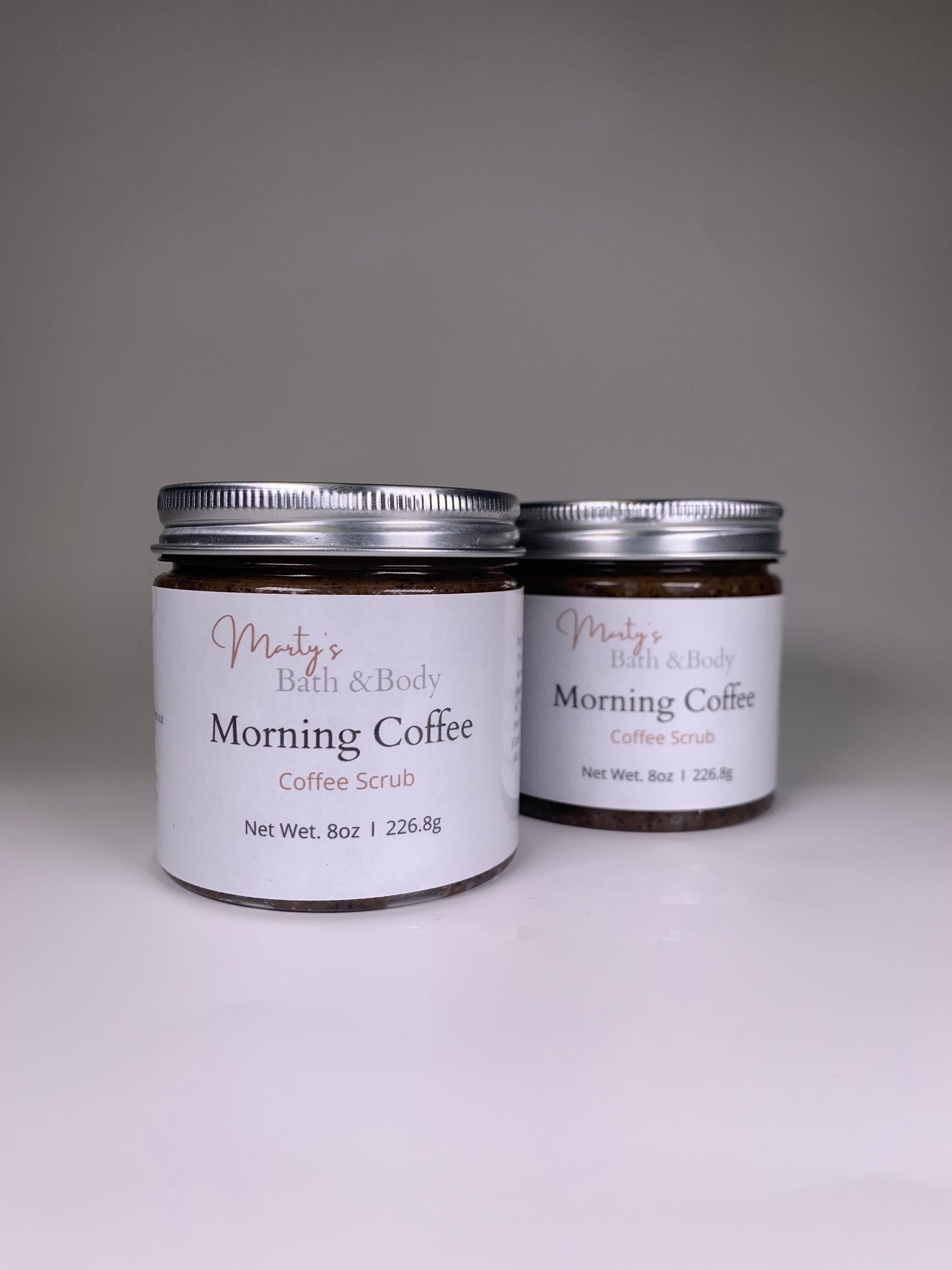 Two 8oz jars of handmade Morning Coffee sugar scrub.